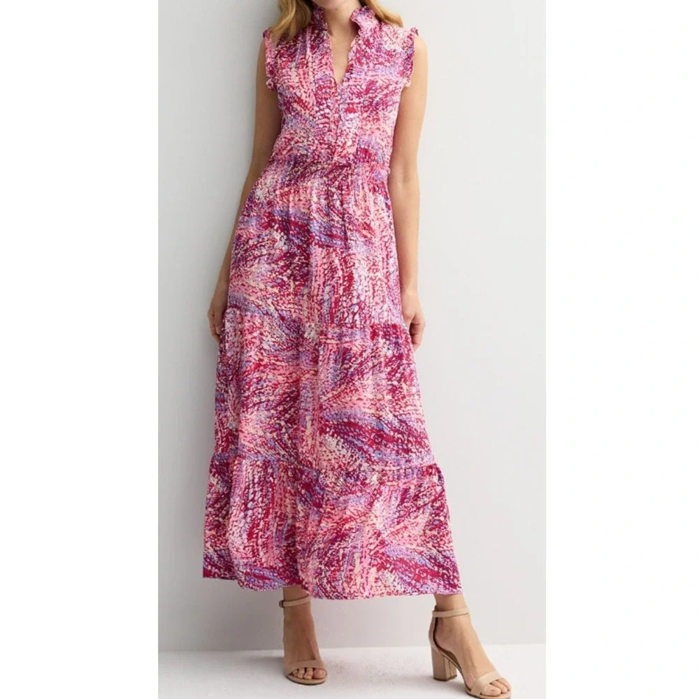 NWT London Times Pink Floral Smocked Waist Maxi Crinkled Garden Wedding A Line12 - Picture 1 of 10